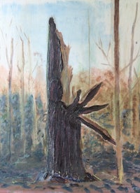a painting of a tree in the woods