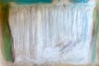 a painting of a waterfall with green and blue colors